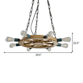 Industrial Wood Wheel Chandelier with 8 Lights & Chain - Black Dining Room Ceiling Fixture